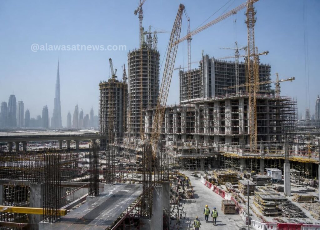 Construction site with multiple cranes and partially built high-rise buildings against a city skyline in the background, workers in safety vests nearby.