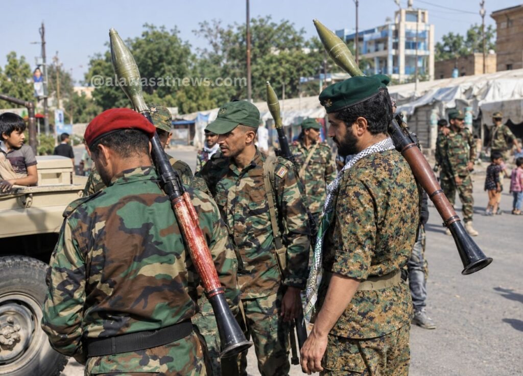 Group of camouflaged soldiers with RPG launchers standing near a military vehicle in a street lined with tents and civilians in the background.