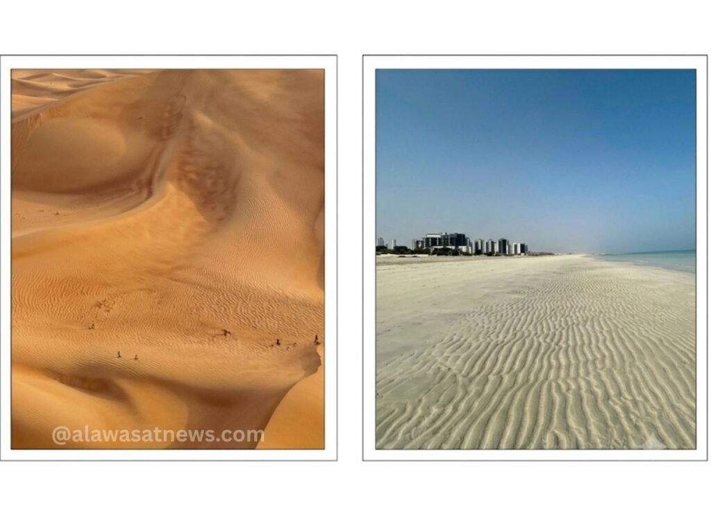 Side-by-side images: left shows vast golden desert dunes with small climbers; right shows a white-sand beach with calm turquoise water and distant buildings along the shore.