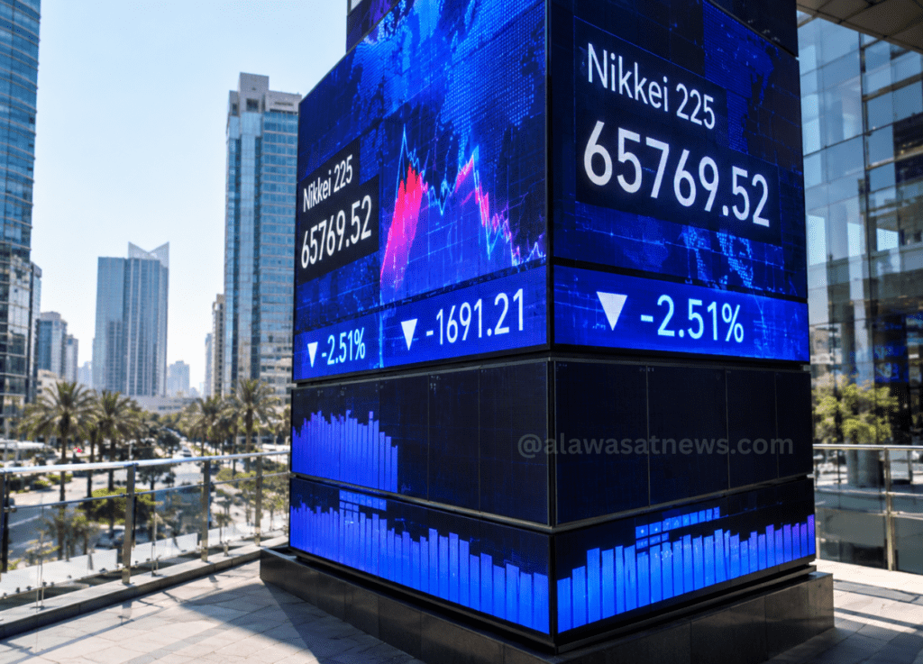 Large blue digital stock board showing Nikkei 225 index values and downward market arrows in an urban plaza backdrop.