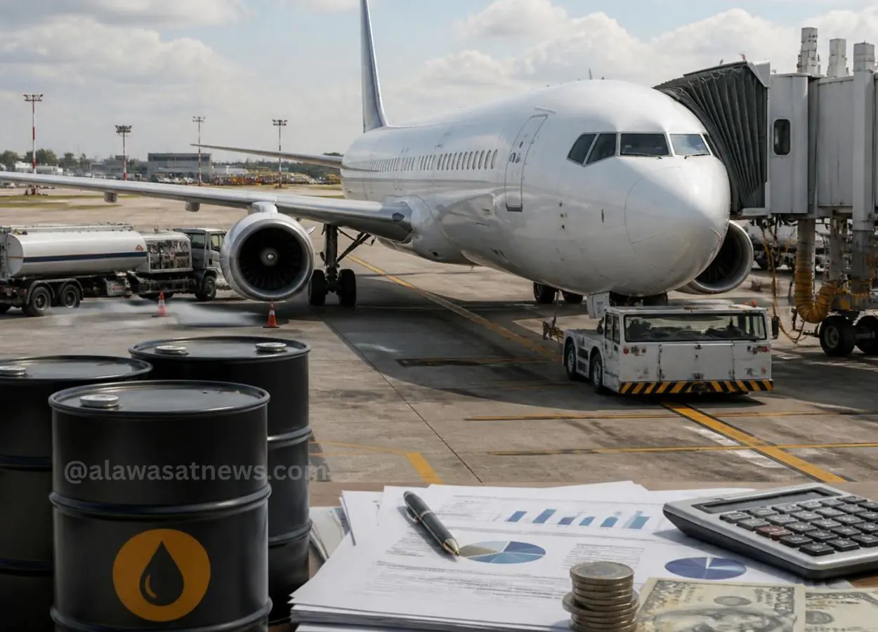 Airplane at a jet bridge being serviced on the tarmac with fuel barrels, paperwork, a calculator, and coins in the foreground used for illustrating aviation operations and refueling planning.