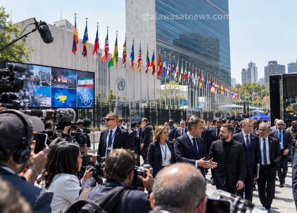 Crowd of journalists and security in suits outside a UN building with a long row of international flags; cameras and microphones in the foreground.