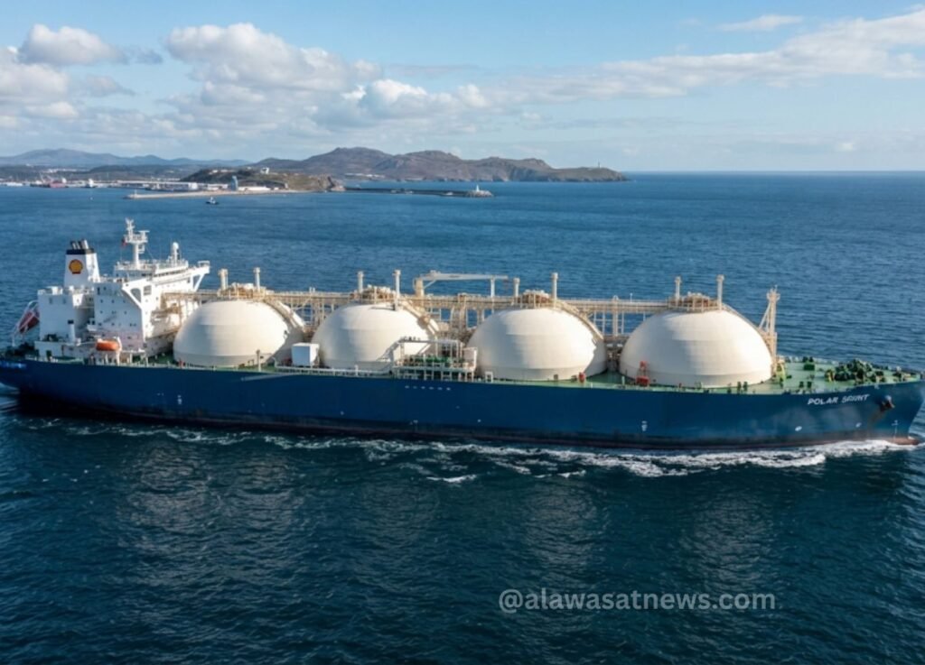 Large LNG carrier with four spherical cargo tanks sailing in blue sea with coastline in the distance, under a partly cloudy sky.
