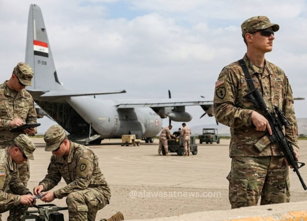 Soldiers in camouflage near a large military transport aircraft on a runway; one guard stands at attention with a rifle while others work on equipment nearby.