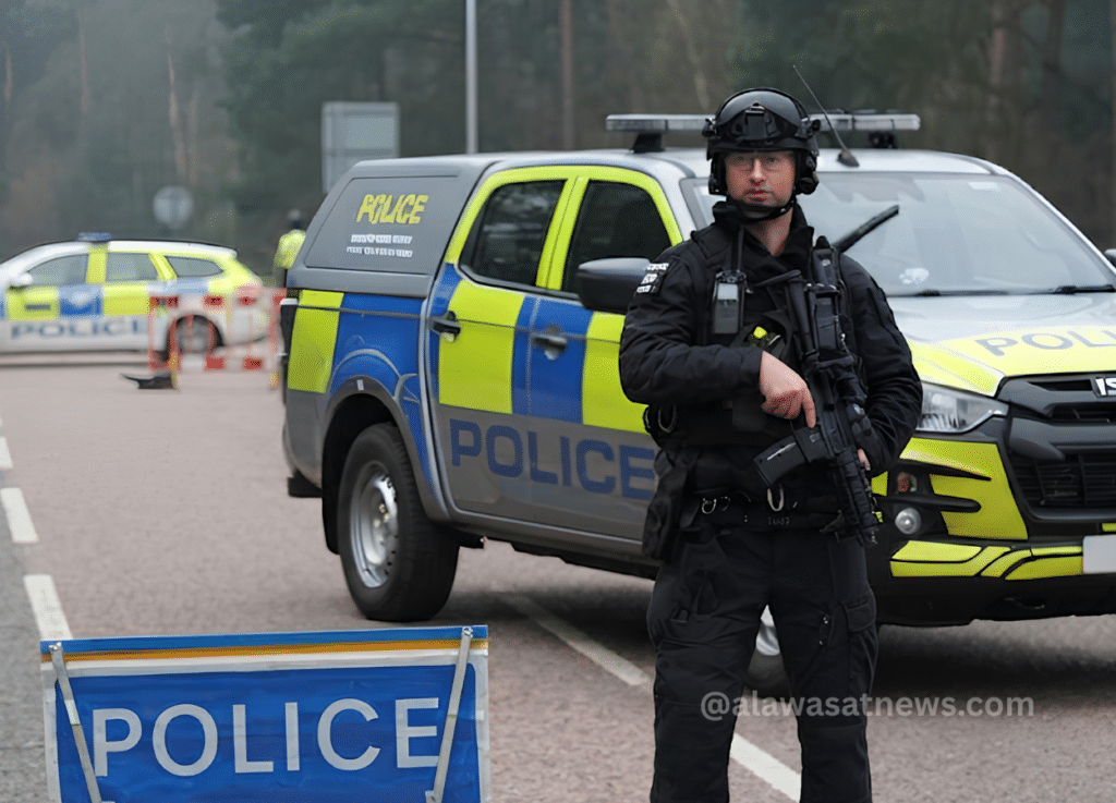 Armed police officer standing in front of parked police vehicles on a roadblock scene