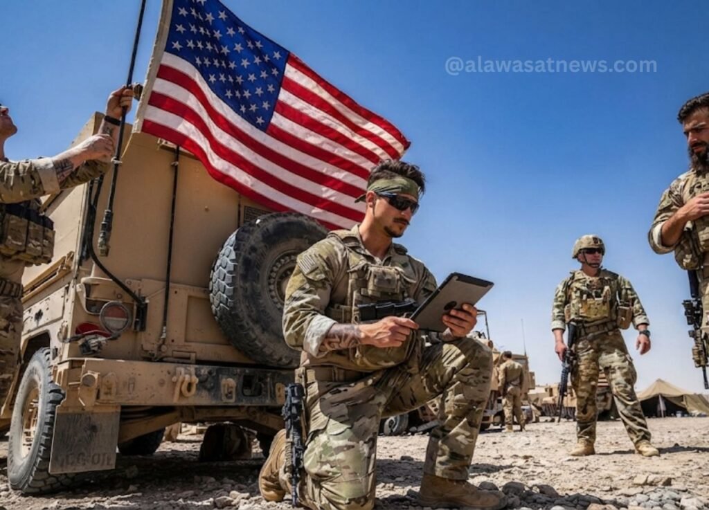 U.S. soldiers in desert camouflage around a flag-draped military vehicle, standing on rocky terrain.