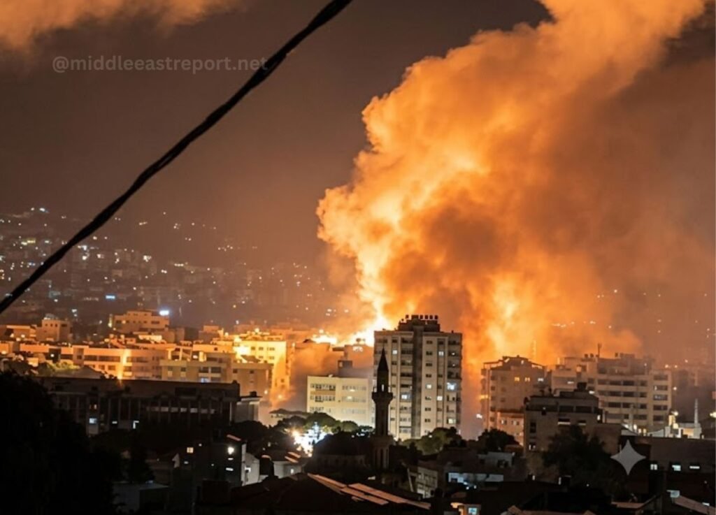 Nighttime cityscape with a massive orange fire plume rising behind mid-rise buildings and smoke.