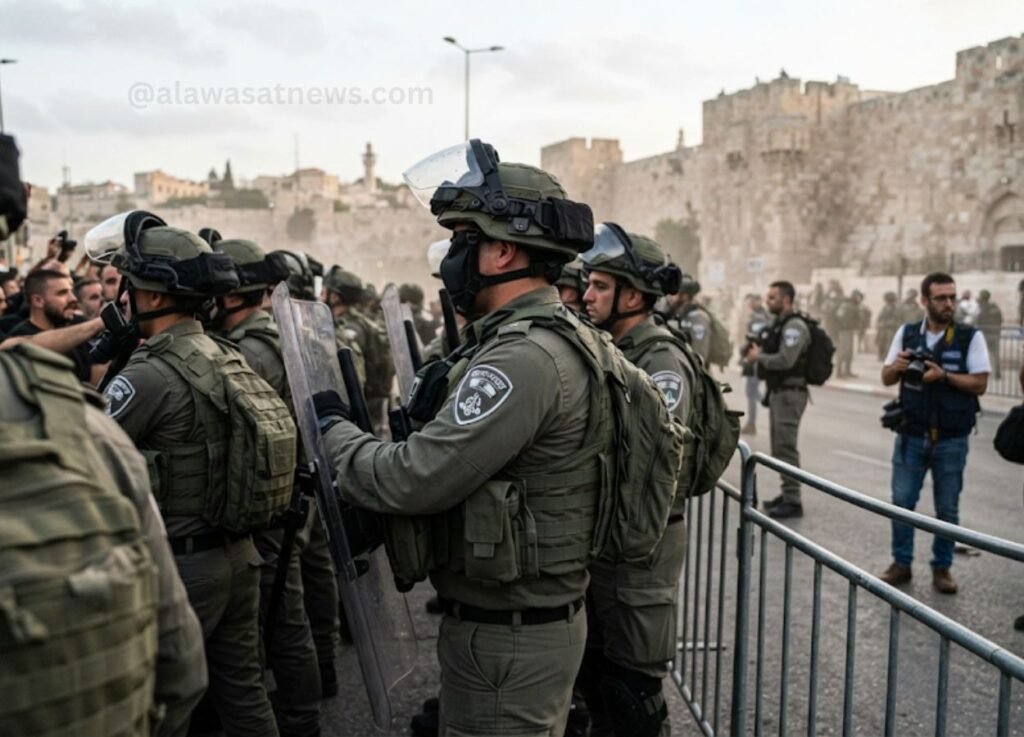 Riot police in body armor and helmets with shields stand behind a metal barrier on a street near ancient stone walls.